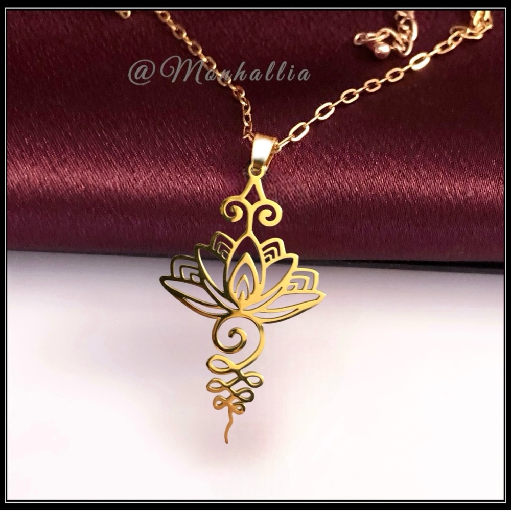 New Gold Steel Laser chrome yoga flower meditation boho earthy hippie necklace